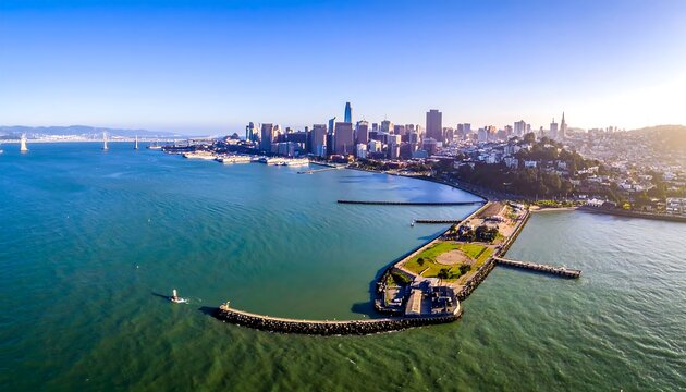 City skyline across bay water, with pier stretching out, sunny, bright, and blue sky