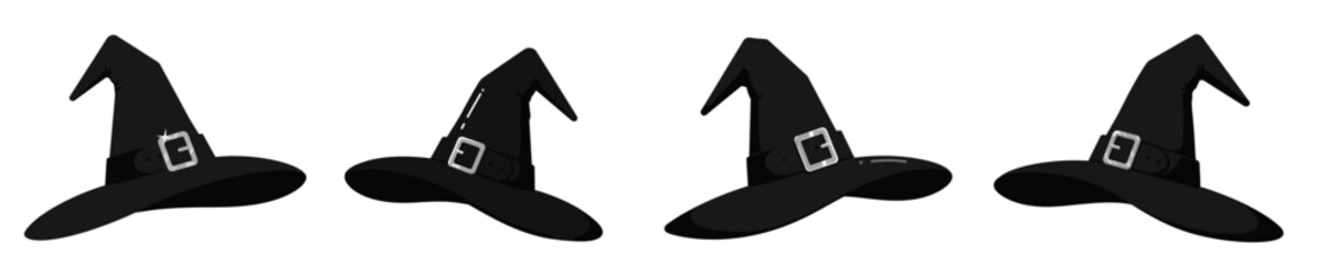 Four black witch hats with buckles, Halloween themed.