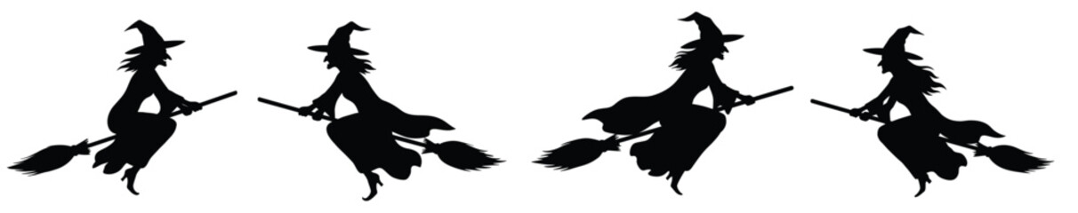 Silhouettes of witches riding brooms, Halloween themed, black on white.