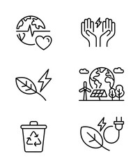 Eco energy and sustainability line icon set with recycling and renewable energy symbols