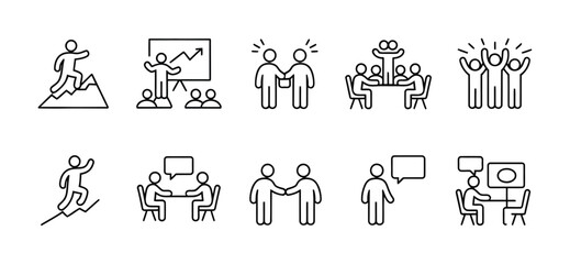 Business teamwork and leadership line icon collection for success and communication