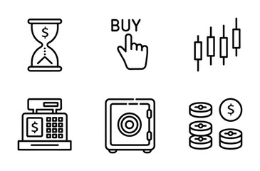 Business and finance minimal line icon collection with cash safe and chart