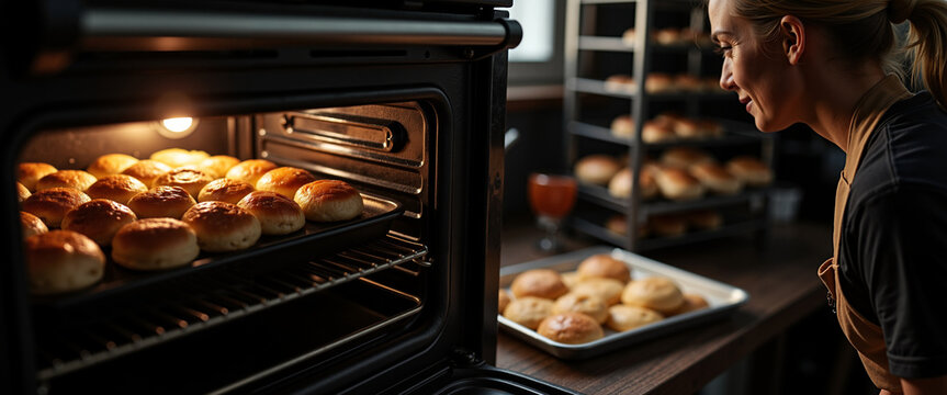 Woman checking freshly baked rolls in warm kitchen oven  