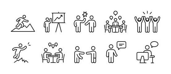 Teamwork business success and leadership line icon collection