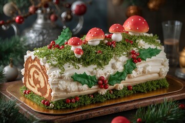 Classic Holiday Yule Log Cake adorned with Marzipan Mushrooms