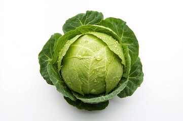 Fototapeta premium Overhead shot of fresh green cabbage with water droplets on a white backdrop. Concept of organic farming and harvest.