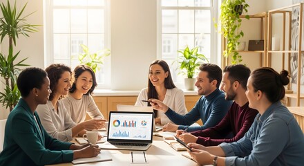 Diverse team collaborating on data insights and celebrating success in a bright, modern office space during a productive meeting