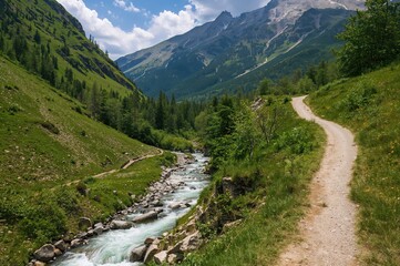 Fototapeta premium Mountain Gorge Featuring a Picturesque Trail Beside a Clear Stream and Verdant Valley. Tranquil Natural Setting Reflects Sustainable Lifestyle and Nature Conservation