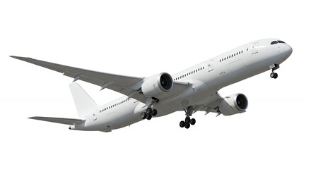 White passenger airplane taking off against a clear sky in upward angle, concept for international transportation, travel industry promotion and modern aviation