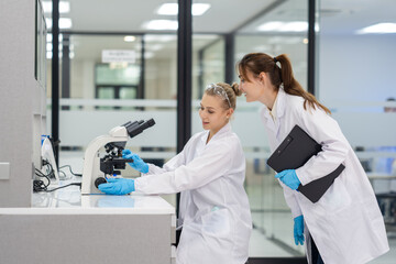 Fototapeta premium Scientists collaborate at a modern laboratory while analyzing samples under a microscope