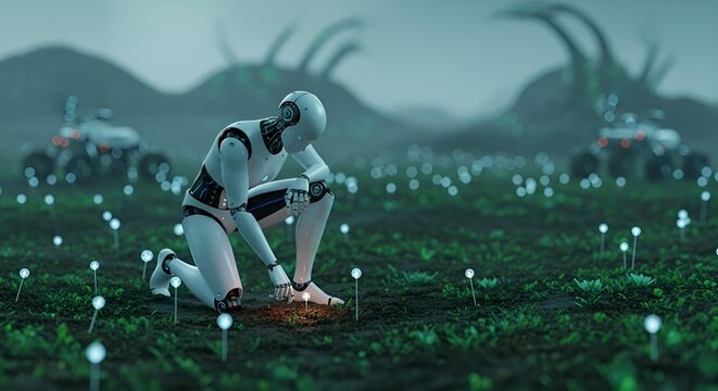 Robot tending to glowing plant life on a futuristic alien landscape