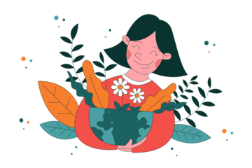 Woman Holding Globe with Foliage in Earth Day Vector Illustration on Transparent Background