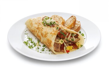 Flatbread filled with cheese, herbs, meat, and veggies served on a plate over a white surface