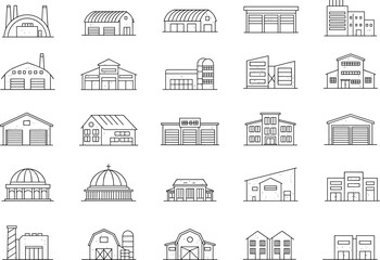 Architectural building icons, line art structures, urban planning symbols, residential and commercial designs, vector illustration set, minimalist style, diverse roof types, institutional buildings