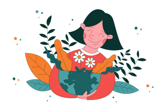Woman Holding Globe with Foliage in Earth Day Vector Illustration on Transparent Background