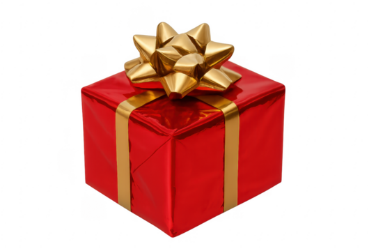 Red gift box with gold ribbon and bow