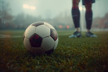 Classic football resting on grassy pitch with misty backdrop. Detailed close-up of ball on vibrant green turf under foggy conditions.