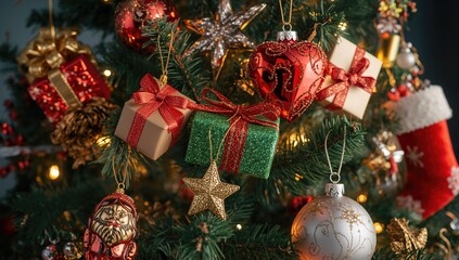 Fototapeta premium Christmas tree ornaments including toys, decorations, and trinkets in vivid hues