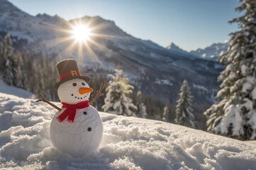 Obraz premium Playful snowman figure enjoying a snowy day at a mountain holiday spot