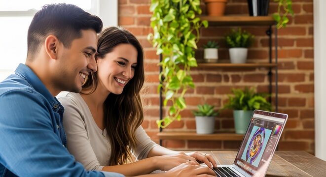 Happy young couple designs vibrant graphics together on laptop at home with a modern brick accent wall and stylish plants