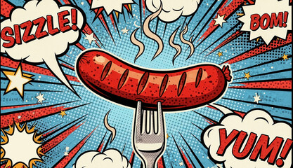 Grilled sausage on a fork, pop art retro illustration.