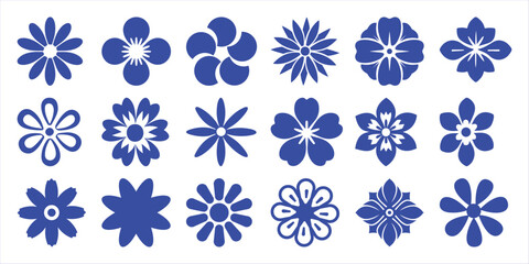 Collection of Blue Floral Silhouettes on White Background