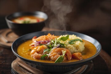 Spicy orange curry featuring shrimp and a cha-om herb omelette, a favorite in local eateries.