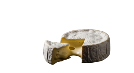 Wheel of soft cheese with missing piece isolated on white background