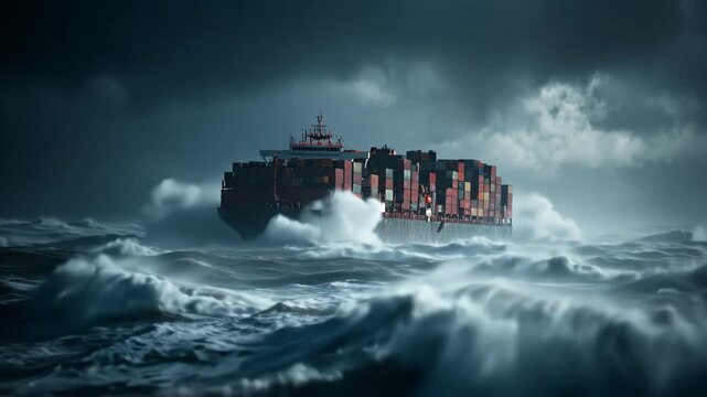 A giant container ship sails through rough ocean waves, symbolizing the challenges and power of maritime logistics and international trade routes.

