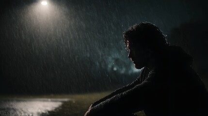Obraz premium A man sits alone in the pouring rain at night under a streetlight looking sad and contemplative
