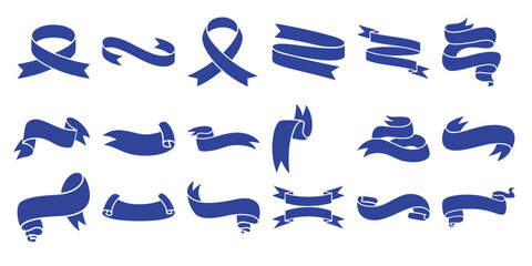 Collection of Blue Ribbon and Banner Silhouettes on White Background