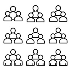 Nine variations of a threeperson hierarchy icon with connecting lines in black outline.