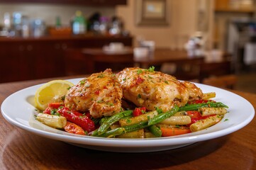 Tasty roasted chicken thighs served with assorted vegetables on a dish