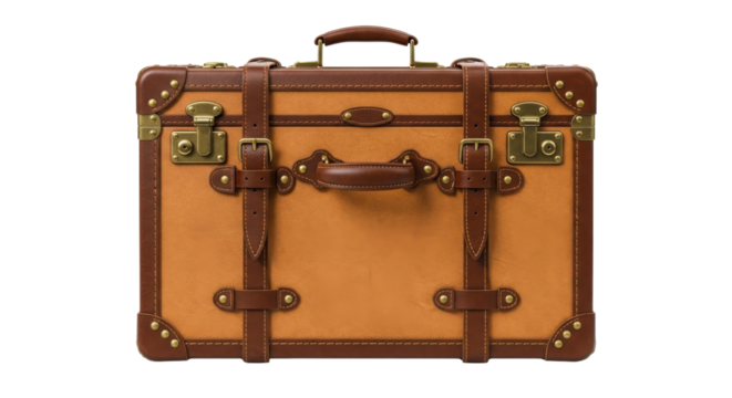 Vintage suitcase with leather straps isolated on white background - Powered by Adobe