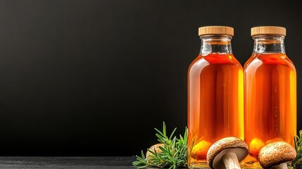 Mushroom Elixir: Two amber bottles of mushroom tea, rosemary, and mushrooms on dark background.