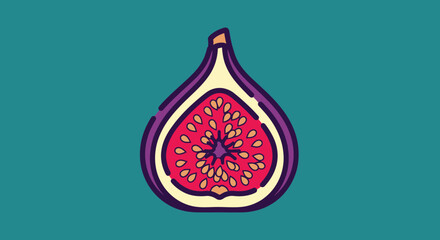 Obraz premium A colorful illustration of a sliced fig, featuring a red interior with seeds on teal background