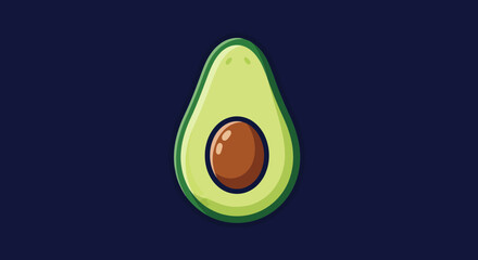 A stylized illustration of a halved avocado featuring a brown pit on a dark blue background