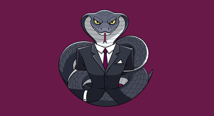 A stern-faced cobra wearing a tailored suit, positioned against a deep red background