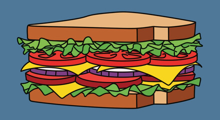 A colorful illustration of a stacked sandwich with layers of bread, lettuce, tomato, cheese and onion