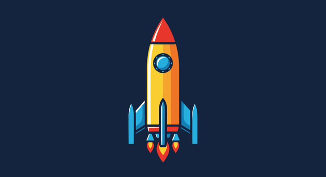 A vibrant, cartoon rocket ship illustration with a red nose, circular window, and blue fins, against a dark blue background