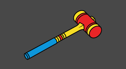 A colorful cartoon mallet, red head with yellow rims, yellow neck, blue handle, on gray background