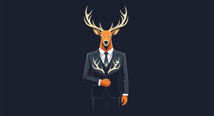 An anthropomorphic deer in a suit stands confidently against a dark background