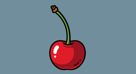 Cartoon-style illustration of a single cherry with a green stem against a muted gray background