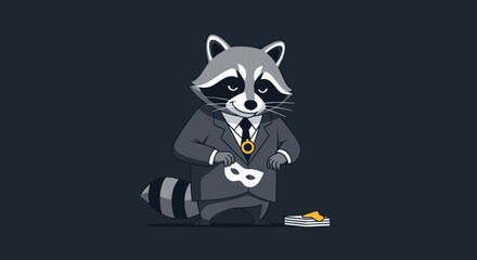 A cartoon raccoon in a suit holds a mask, smiling, with money nearby
