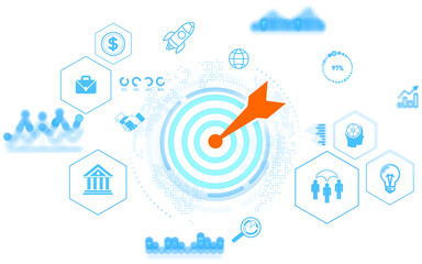 Conceptual business target with icons for finance, analytics, communication, and innovation in blue hologram style on transparent white background. 3D Rendering