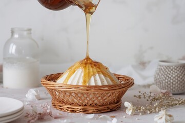A fresh meringue base topped with rich confit in an elegant basket
