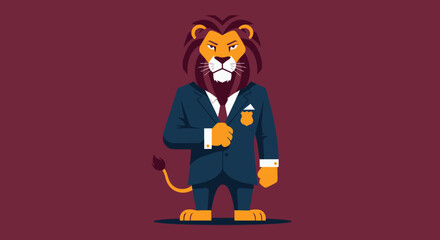A regal lion in a dark blue suit and a badge, standing confidently