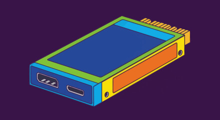 Colorful geometric illustration of a rectangular tech device with ports and connector pins