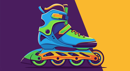 Colorful illustration of a roller skate, with shades of blue, green, orange, and yellow against a gradient background