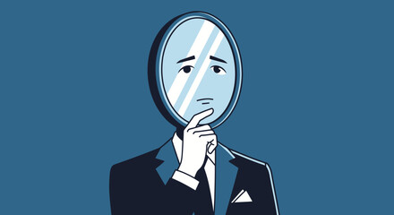A person with a mirror for a face, dressed in a suit, pondering, with a blue background
